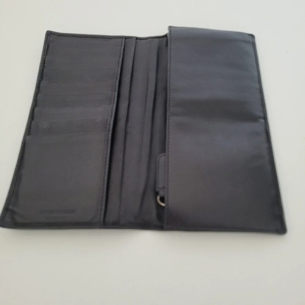 Emporio Armani Black Leather Long Bifold Wallet Embossed Eagle Logo Italy